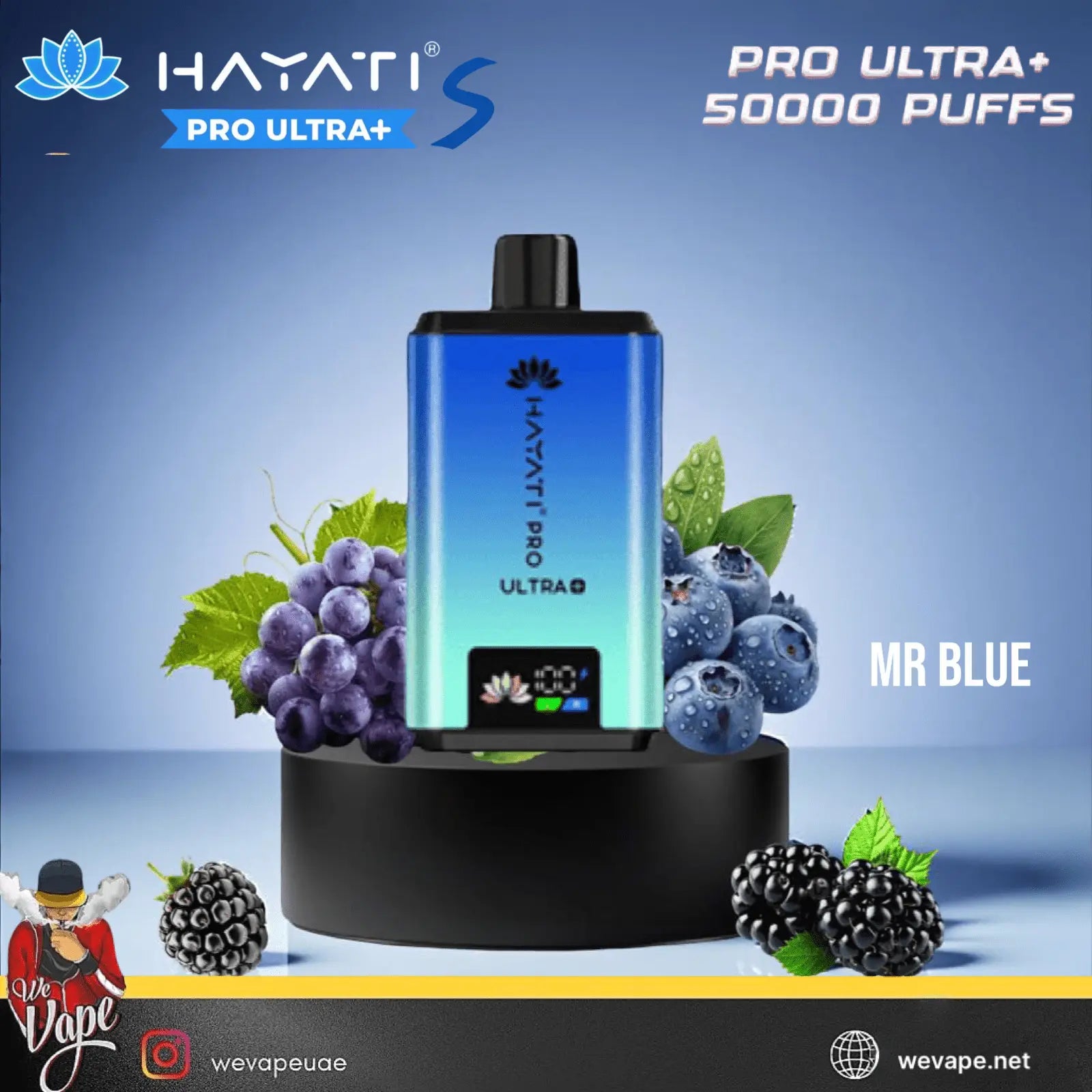 Hayati Pro Ultra+ vape device with blue and black design, surrounded by grapes and berries on a blue background.