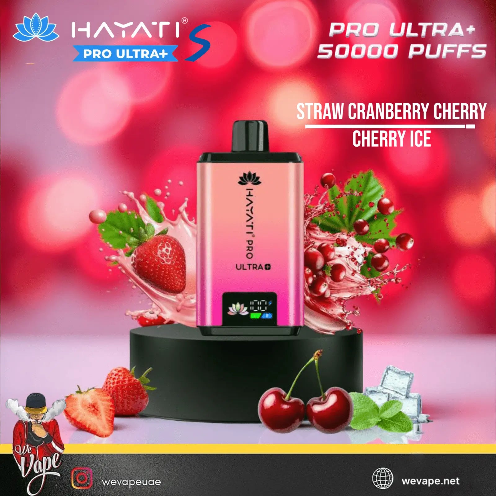 Hayati Pro Ultra+ vape device with strawberry and cherry graphics on a colorful background