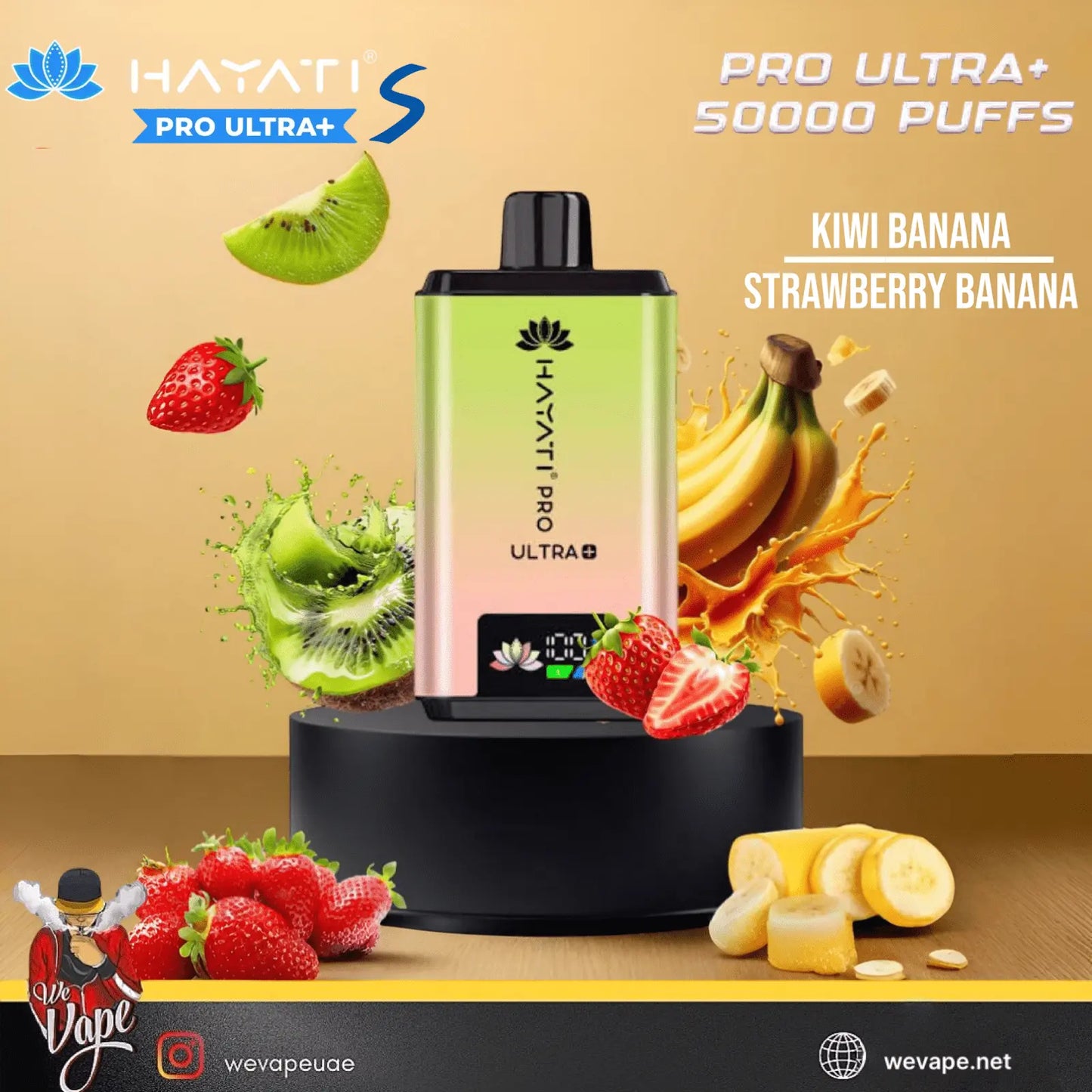 Hayati Pro Ultra+ vape device with fruit graphics on a beige background