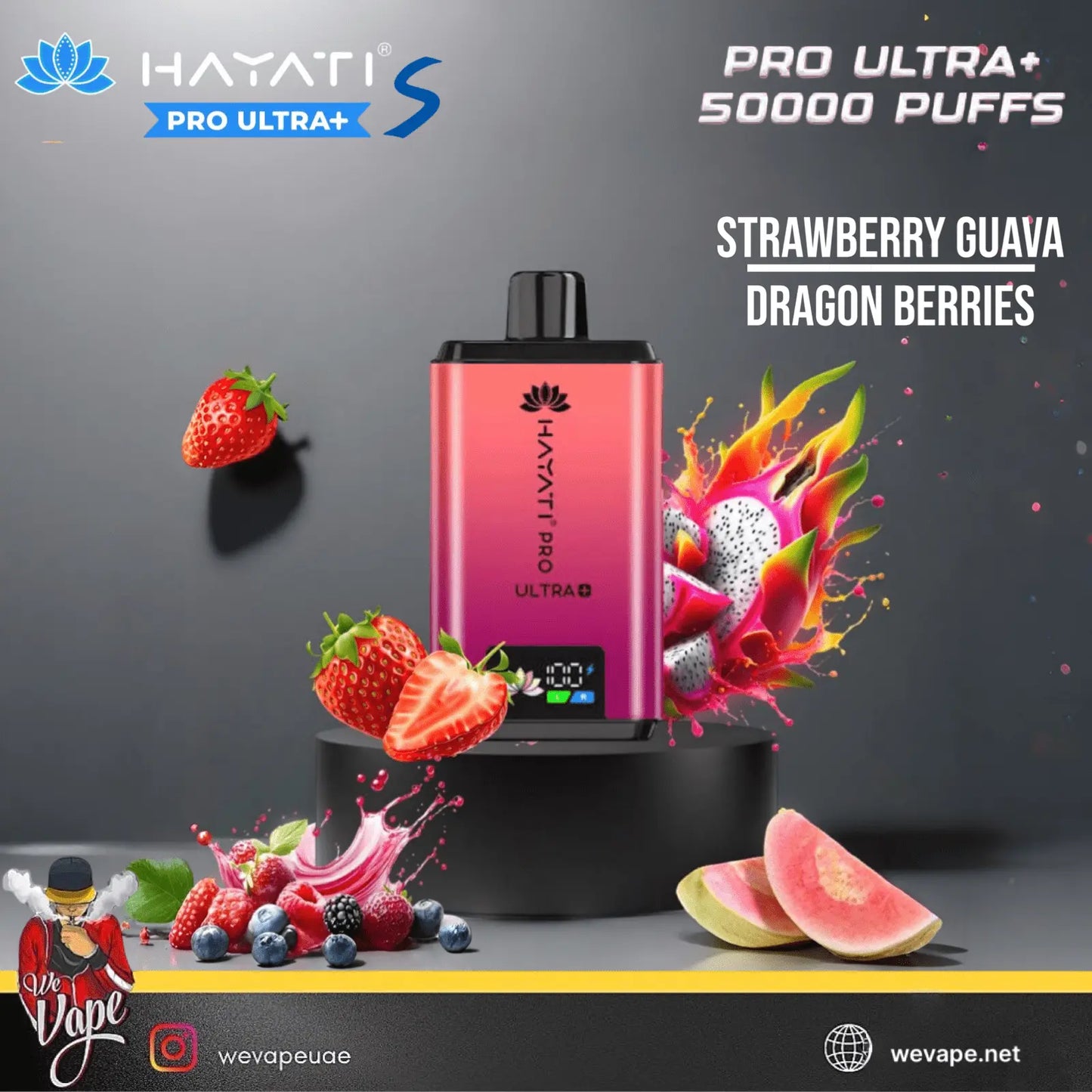 Hayati Pro Ultra+ vape device with strawberry, guava, and dragon berries on a dark background