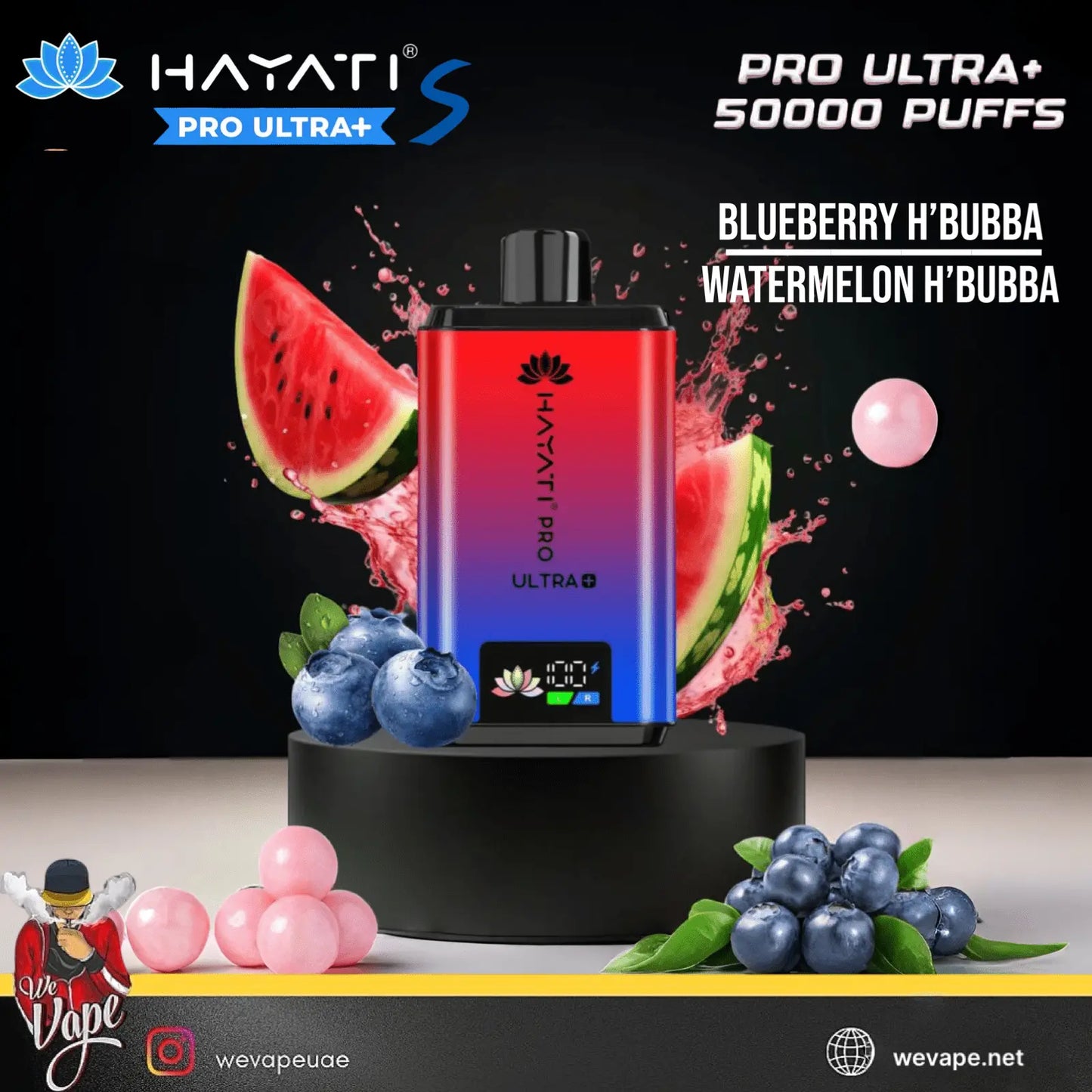 Hayati Pro Ultra+ vape device with watermelon and blueberry graphics on a black background