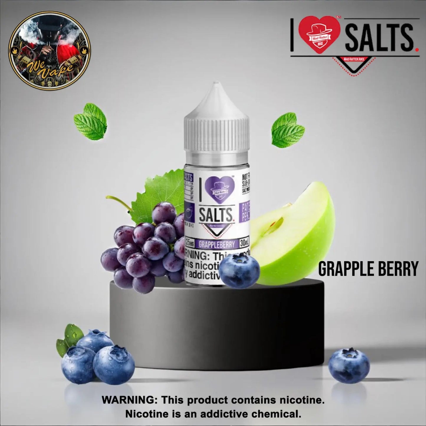 Vape juice bottle with grapes, apple, and blueberries on a gray background, featuring 'I Love Salts' branding. Order Now