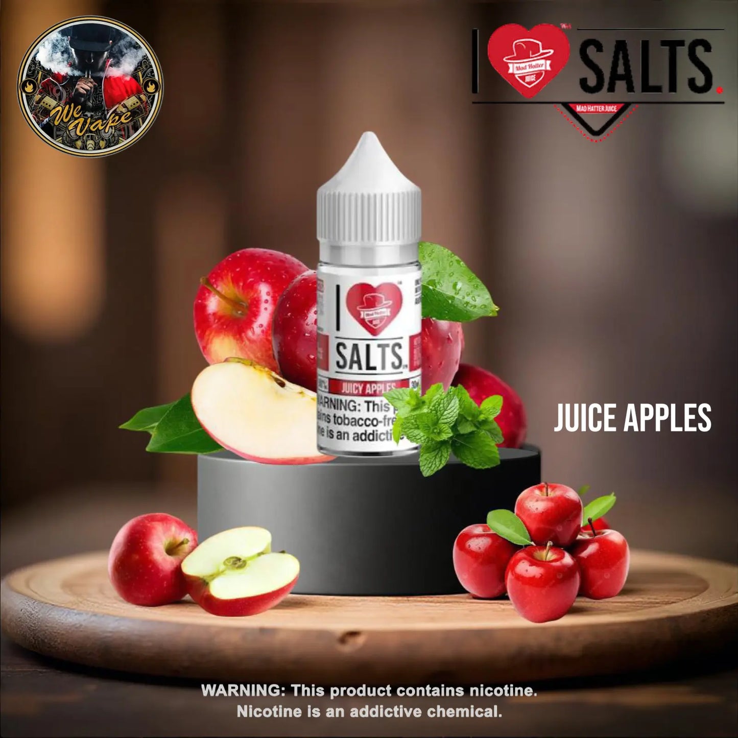 Vape juice bottle labeled 'I Love Salts' with apples and mint leaves on a wooden surface. Order Now