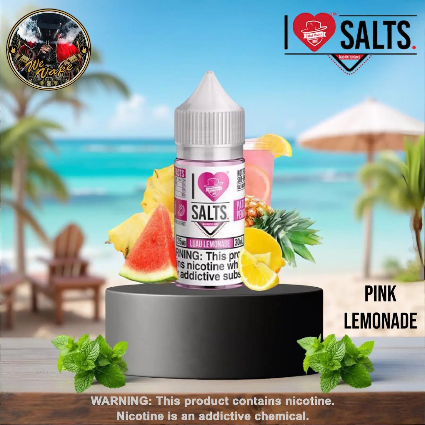 I Love Salts Pink Lemonade vape juice bottle with tropical elements on a beach background. Order Now