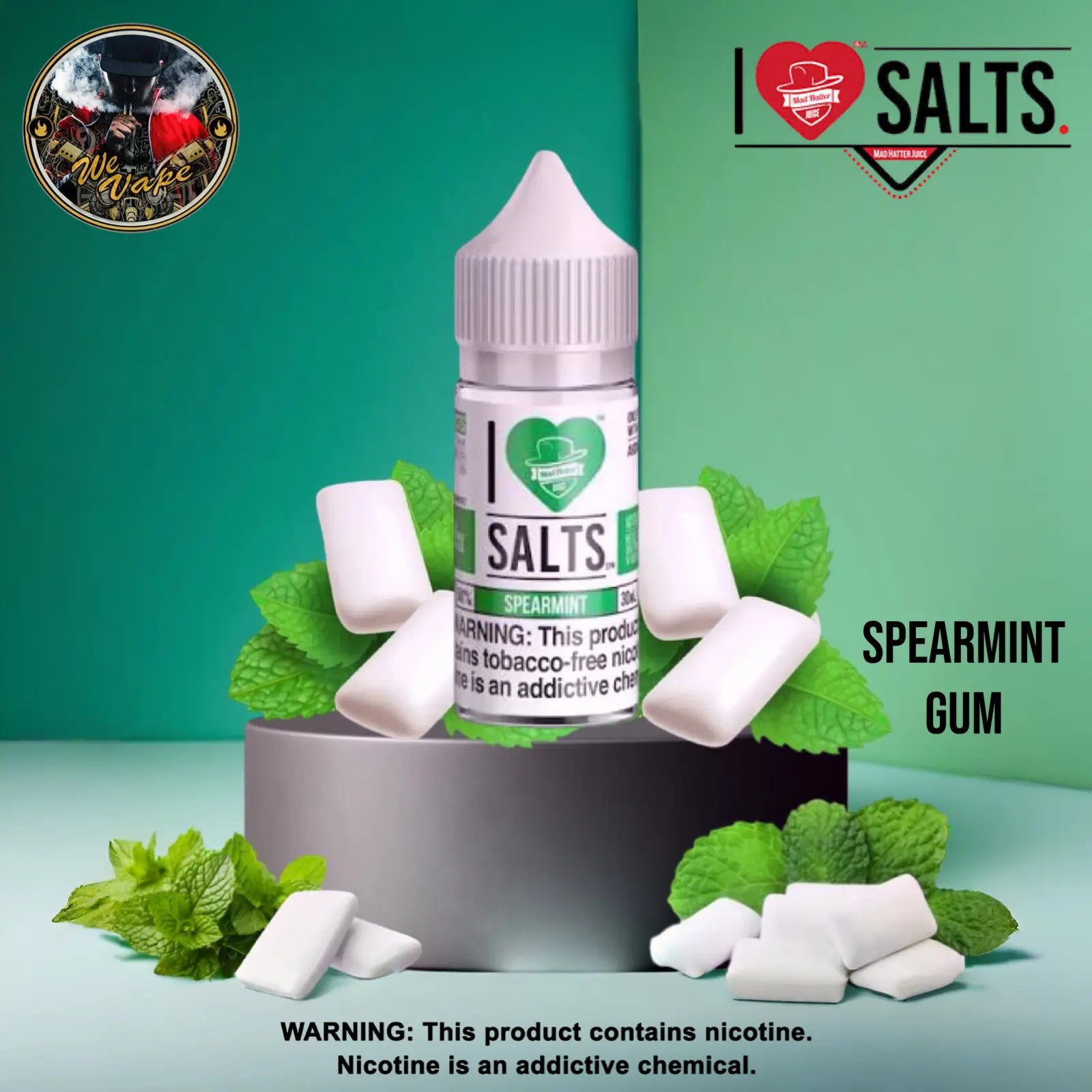 Spearmint gum-flavored nicotine product with mint leaves and chewing gum pieces on a green background. Order Now