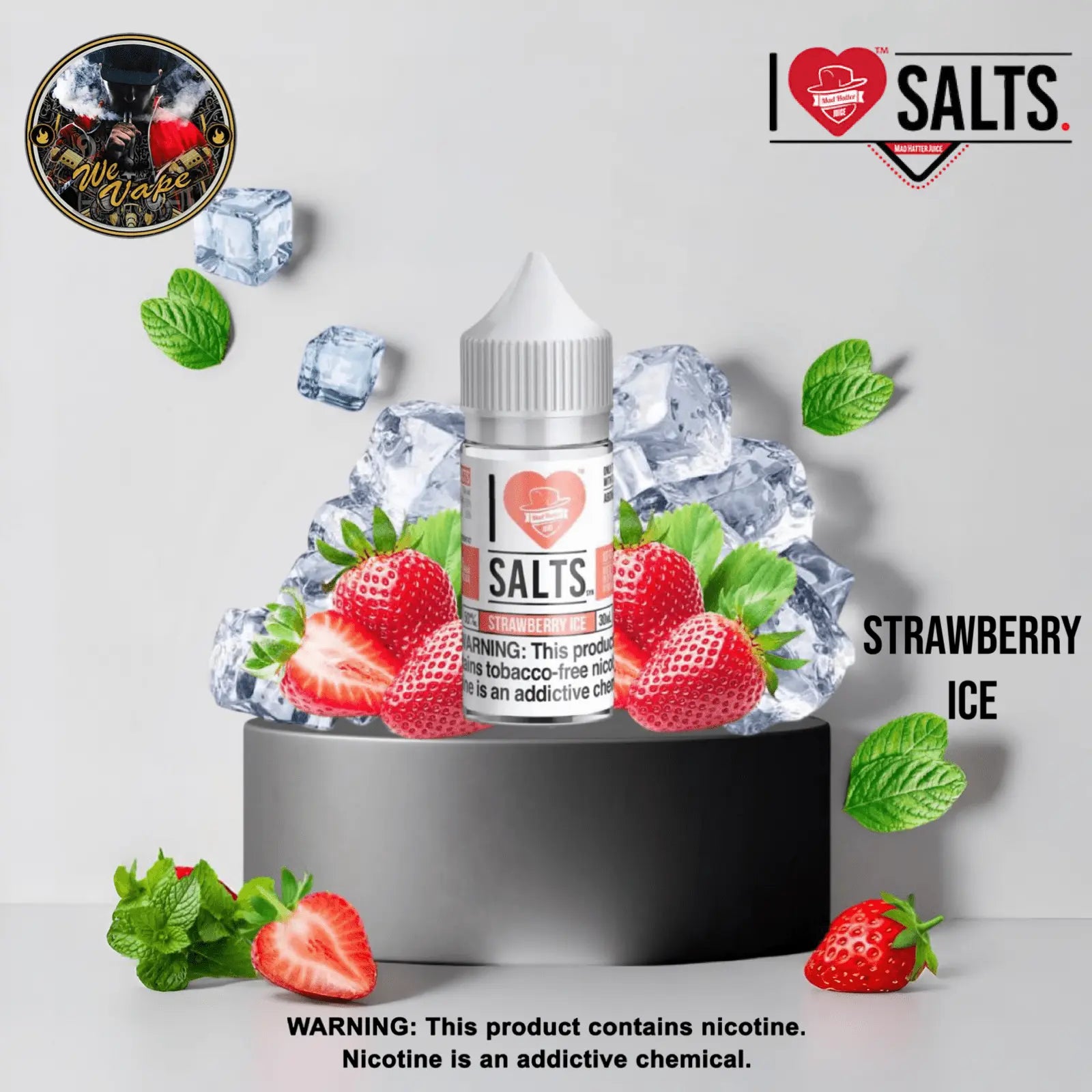 Vape juice bottle with strawberry and ice theme on a light gray background. Order Now