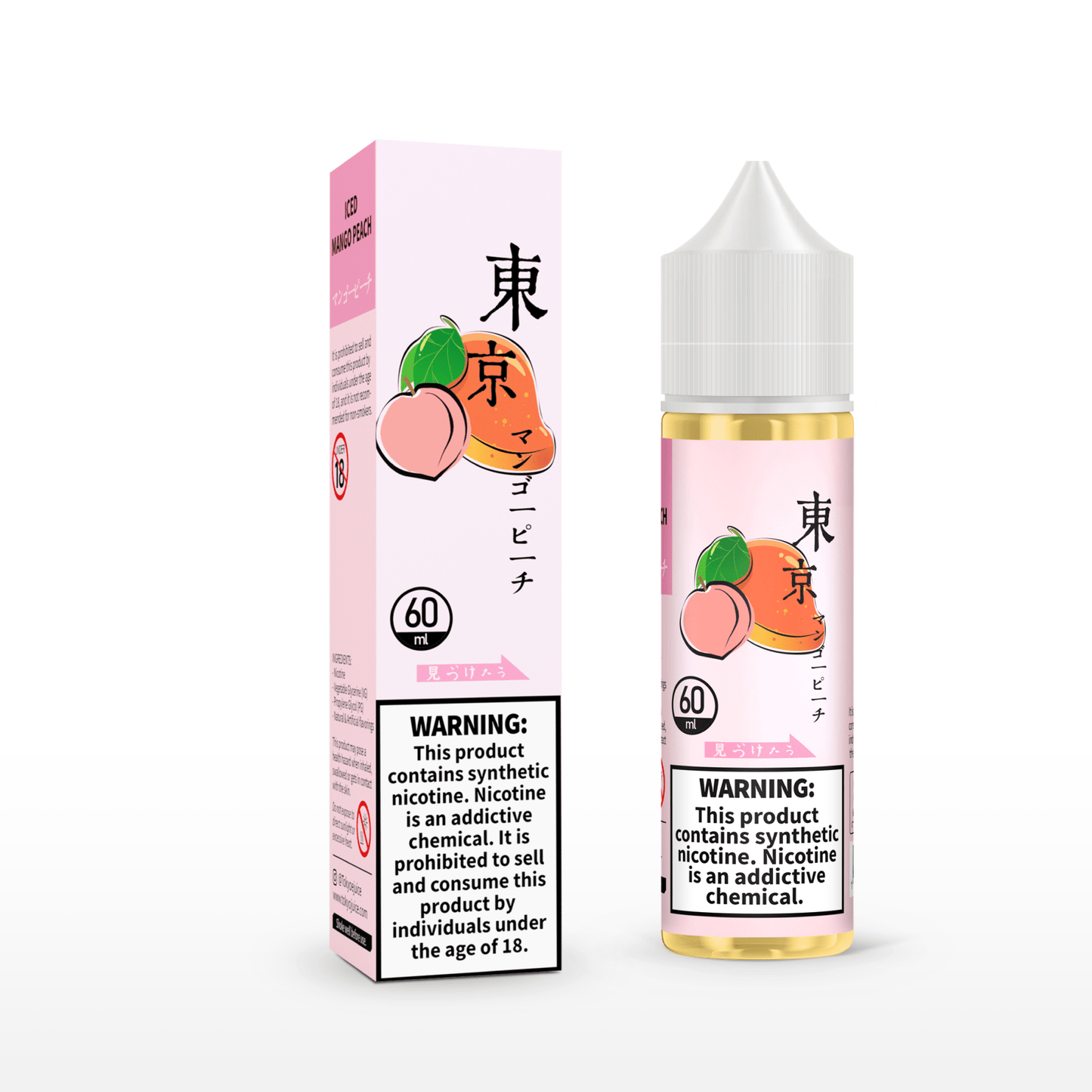 Iced Mango Peach by TOKYO E-Liquid with packaging in white background