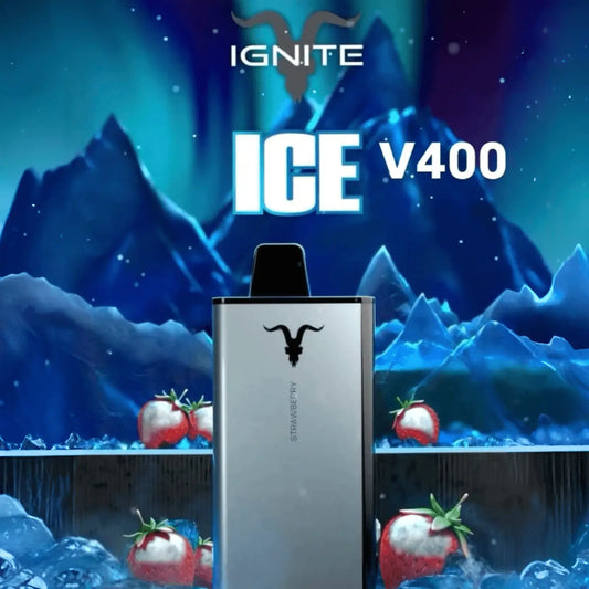 Vape device with 'IGNITE' branding against a icy background with strawberries.