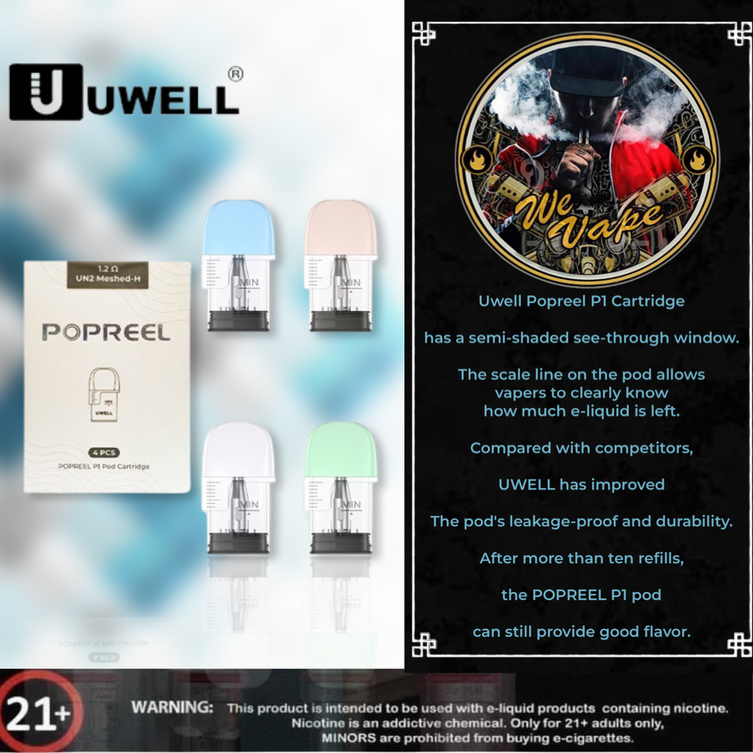 PopReel P1 Pod Cartridge By Uwell has a semi-shaded see-through windrow. The Scale line on the pod allows vapers to clearly know how much e-liquid is left. Compared with competitors, UWELL has improved The pod's leakage-proof and durabiliy. After more than ten refills, the popreel P1 pod can still provide good flavour.