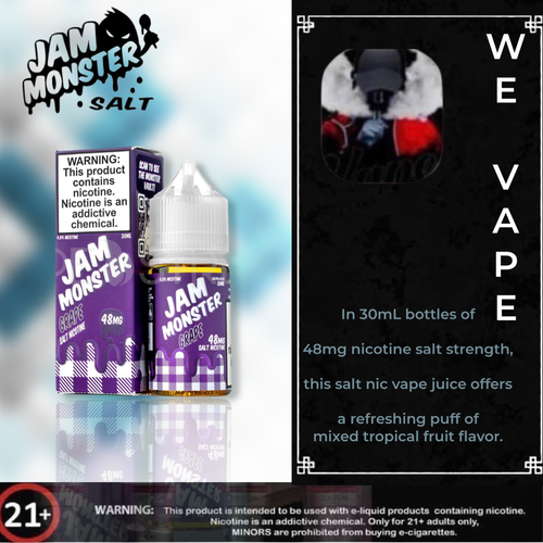 Jam Monster E-Liquid (Salt Nicotine)- In 30mL bottles of 48mg nicotine salt strength, this salt nic vape juice offers a refreshing puff of mixed tropical fruit flavor.