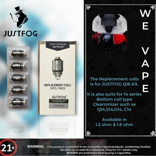 Just Fog Replacement Coils is for JUSTFOG Q16 Kit. It is also suits for 14 series Bottom coil type Clearomizer such as Q14, S14, G14, C14 Availanle in 1.2ohm & 1.6ohm