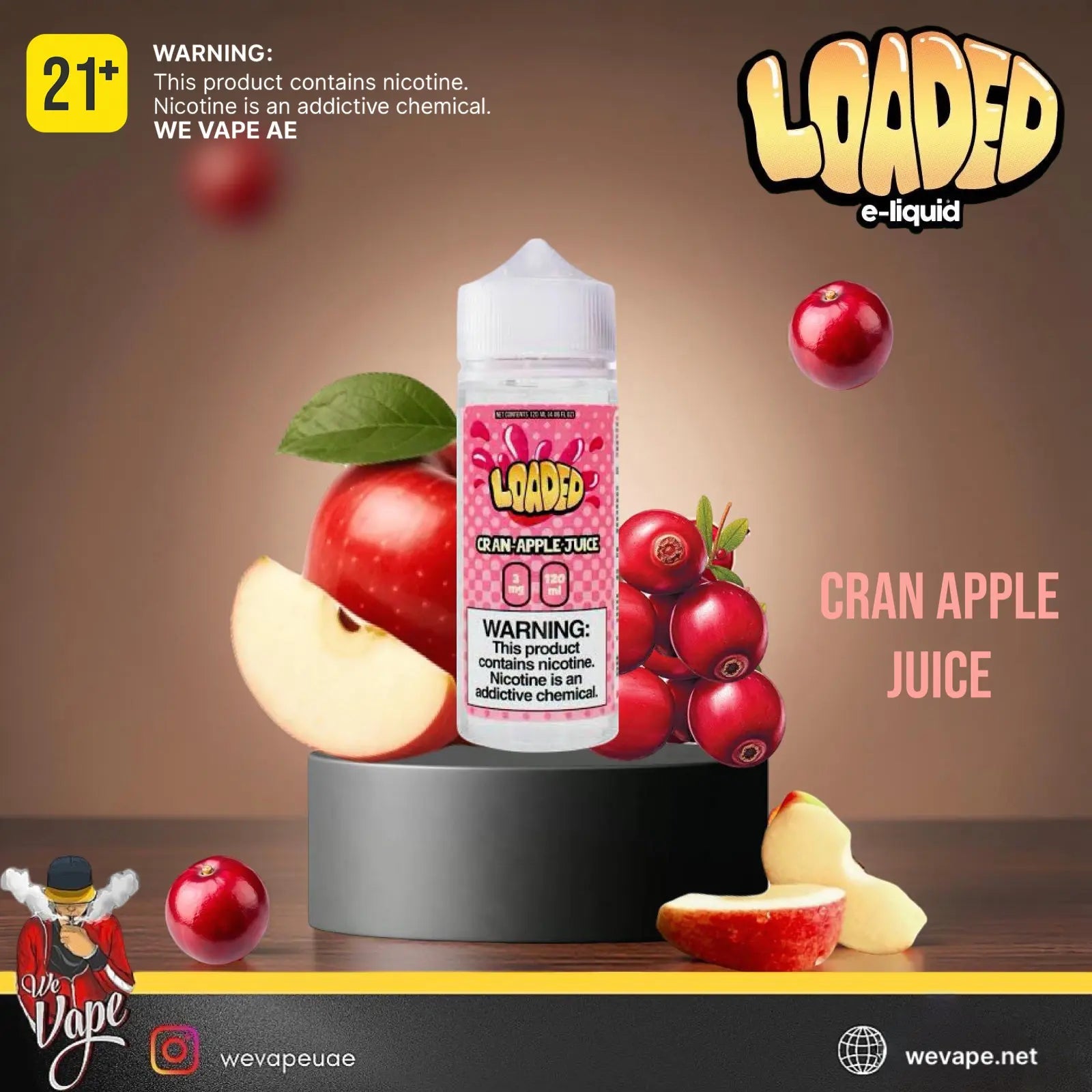 Loaded e-liquid bottle for cran apple juice with apples and cranberries on a wooden surface. / Order Now and get FREE DELIVERY.