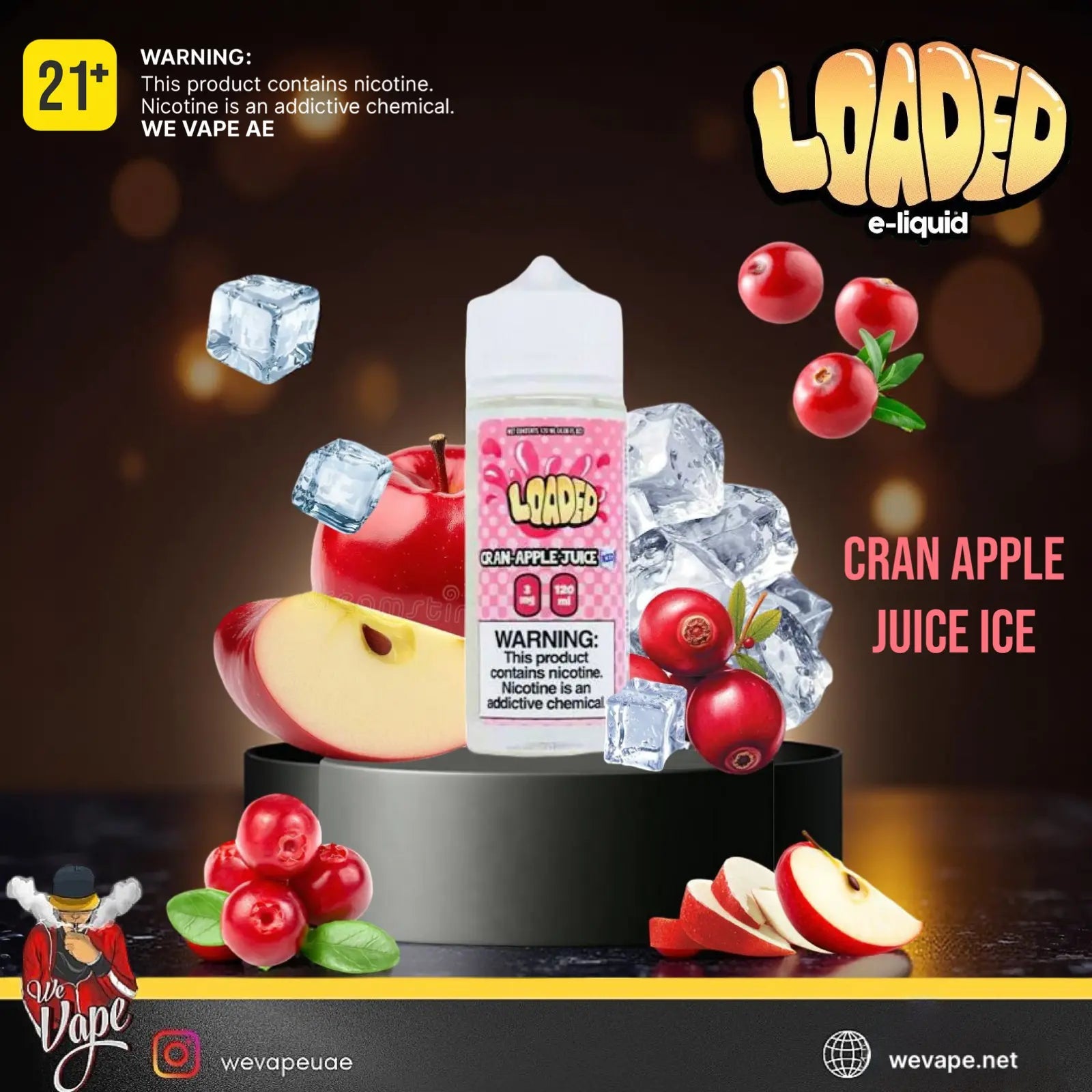 Loaded e-liquid bottle for cran apple juice ice with cranberries, apples, and ice cubes on a dark background. Order Now and get FREE DELIVERY. 