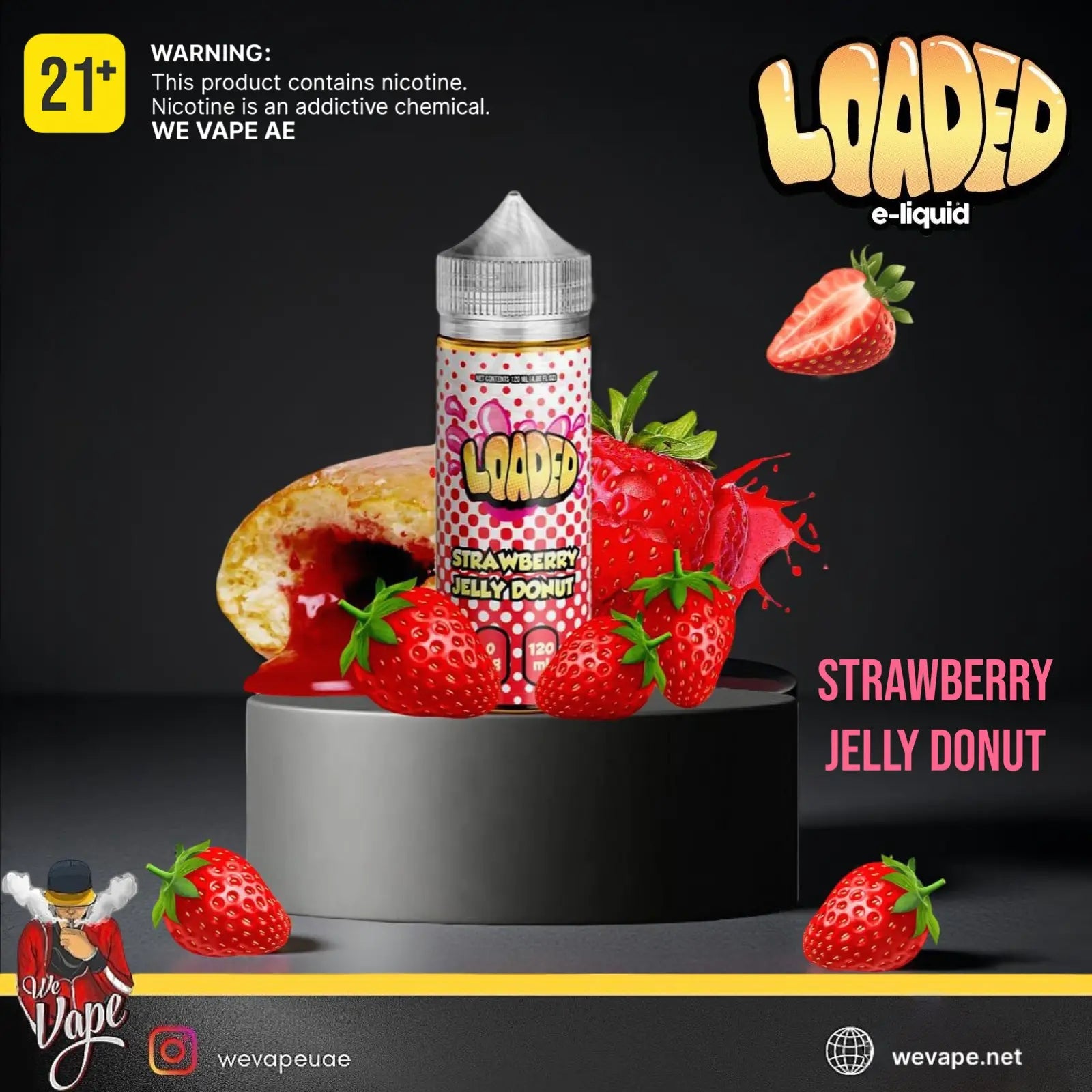 Loaded e-liquid Strawberry Jelly Donut flavor with strawberries and a donut on a black background. Order Now and get FREE DELIVERY.