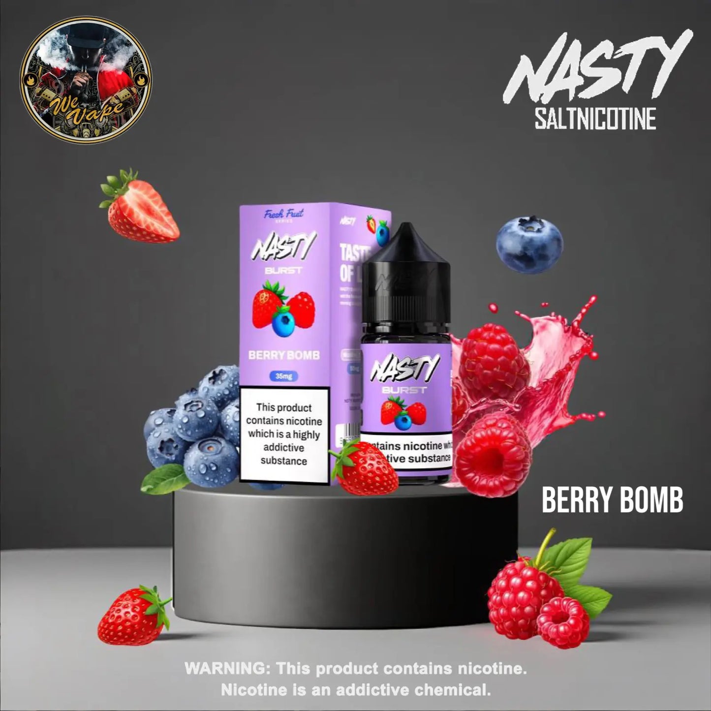 Nasty Saltnicotine Berry Bomb vape juice with packaging, berries, and a warning label on a dark background.