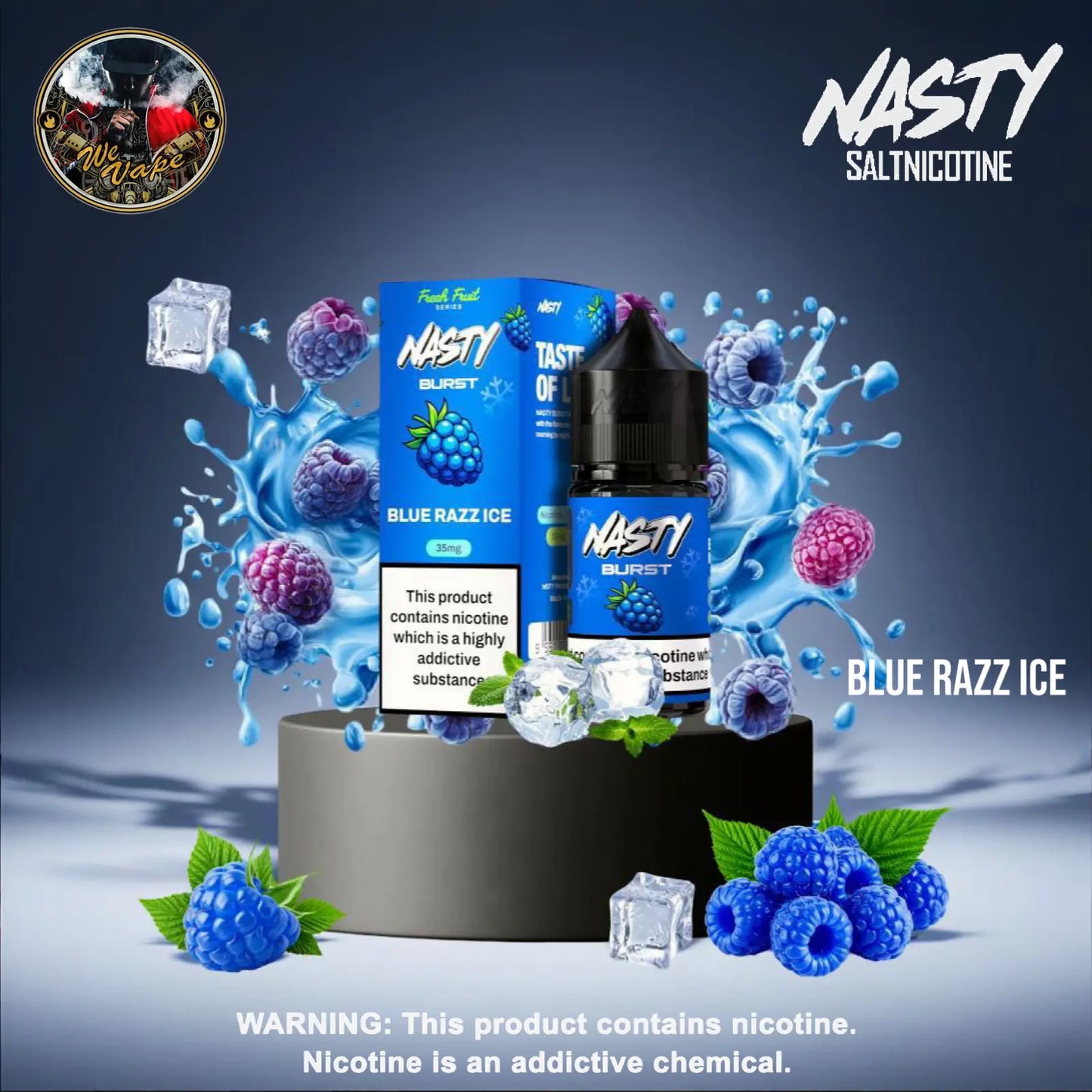 Nasty Salt Nicotine Blue Razz Ice product with packaging and berries on a dark background