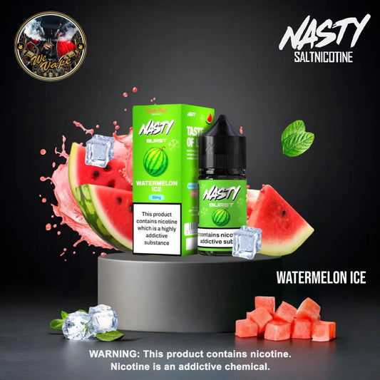Nasty Salt nicotine watermelon ice product with packaging and watermelon slices on a dark background