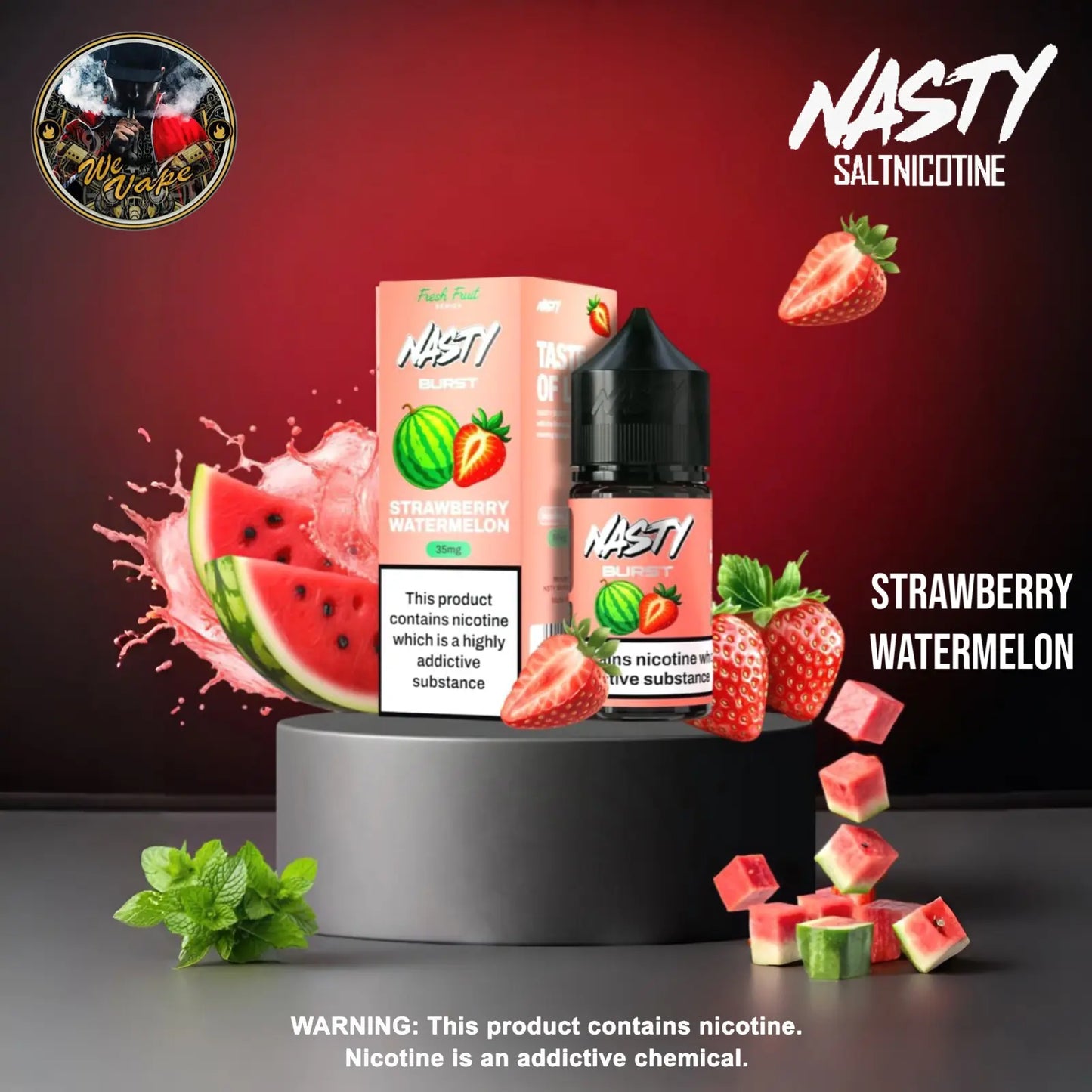Nasty Salt Nicotine Strawberry Watermelon flavor packaging with nicotine warning label on a red background
