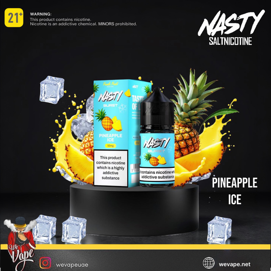 nasty pineapple ice salt nic with 30ml bottle and pineapple sliced with ice cubes in black background