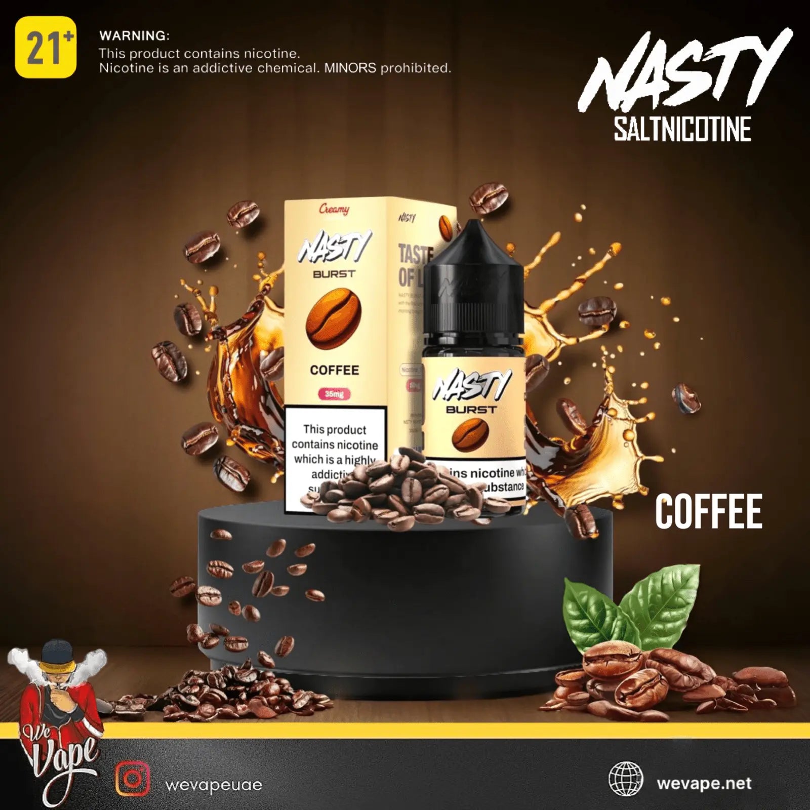 nasty juice salt nicotine in 30ml bottle with packaging, coffee beans display and dark background. ORDER NOW