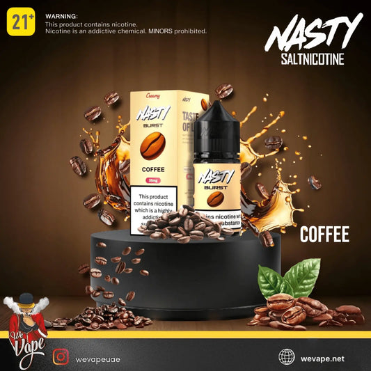 nasty juice salt nicotine in 30ml bottle with packaging, coffee beans display and dark background