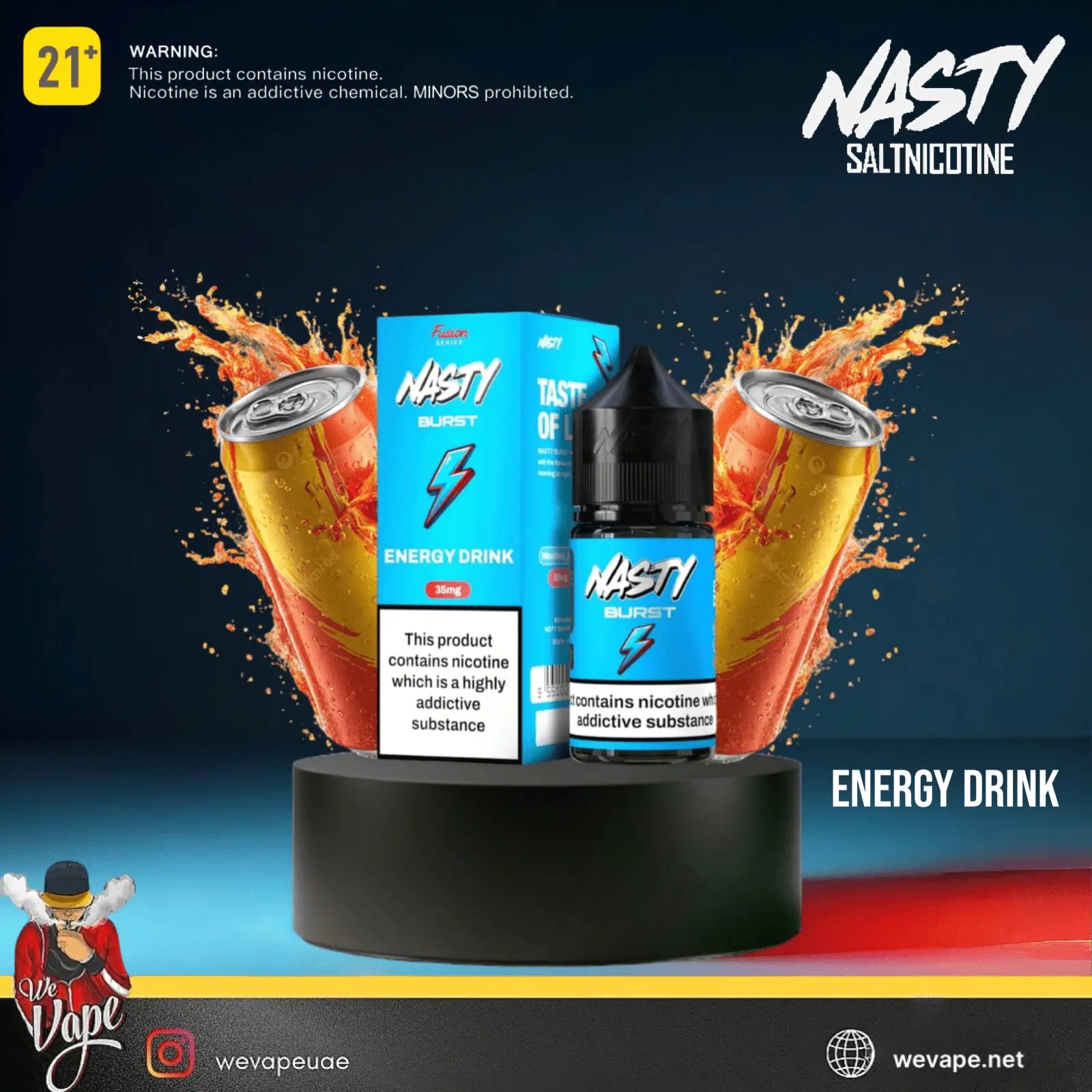 Nasty Salt nicotine vape juice packaging with energy drink theme on a dark background