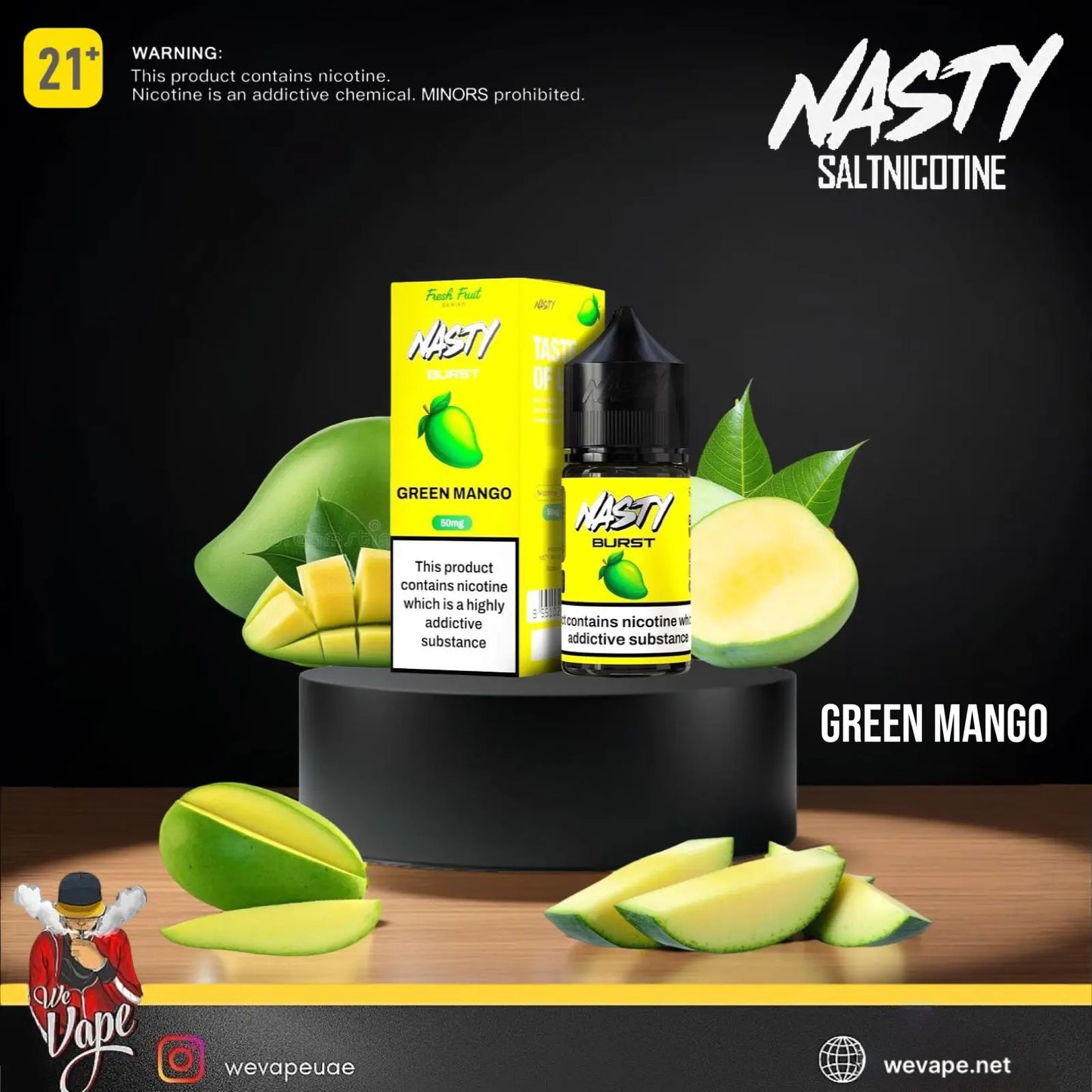 Nasty Salt nicotine Green Mango vape juice packaging with green mango slices on a dark background.