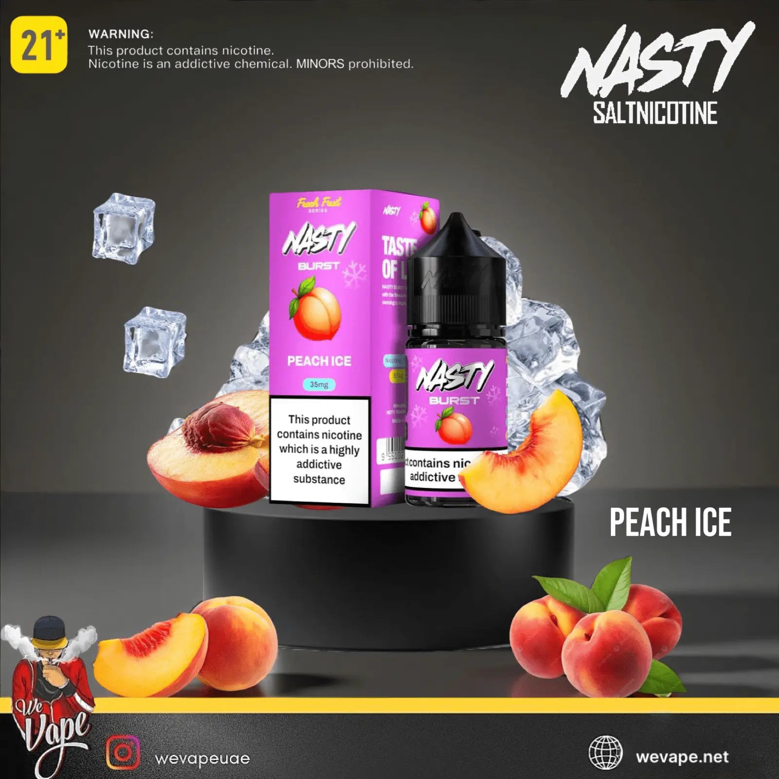 Nasty Salt nicotine Peach Ice vape product with packaging and ice cubes on a dark background.