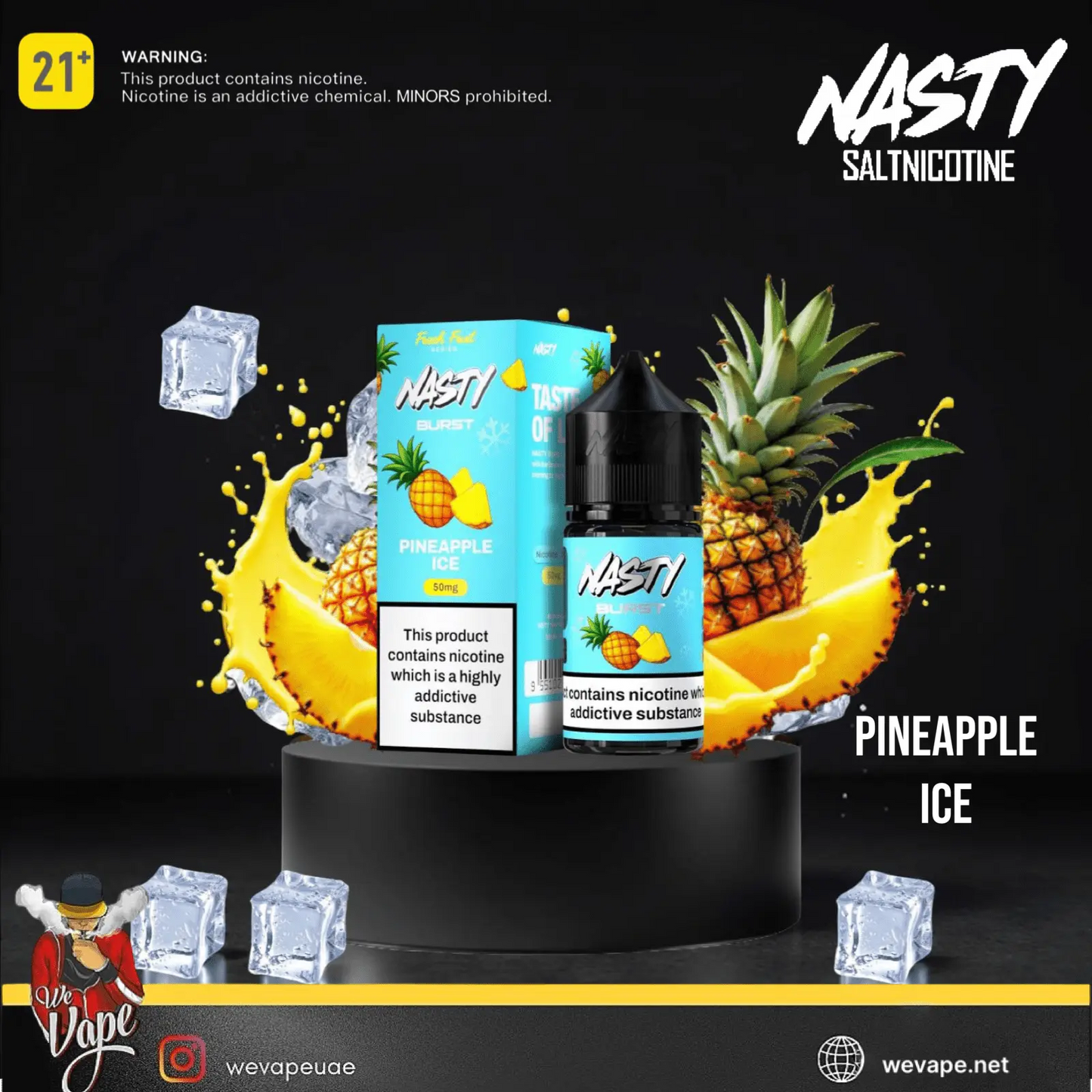 Nasty Pineapple Ice vape product with packaging and pineapple graphics on a black background.