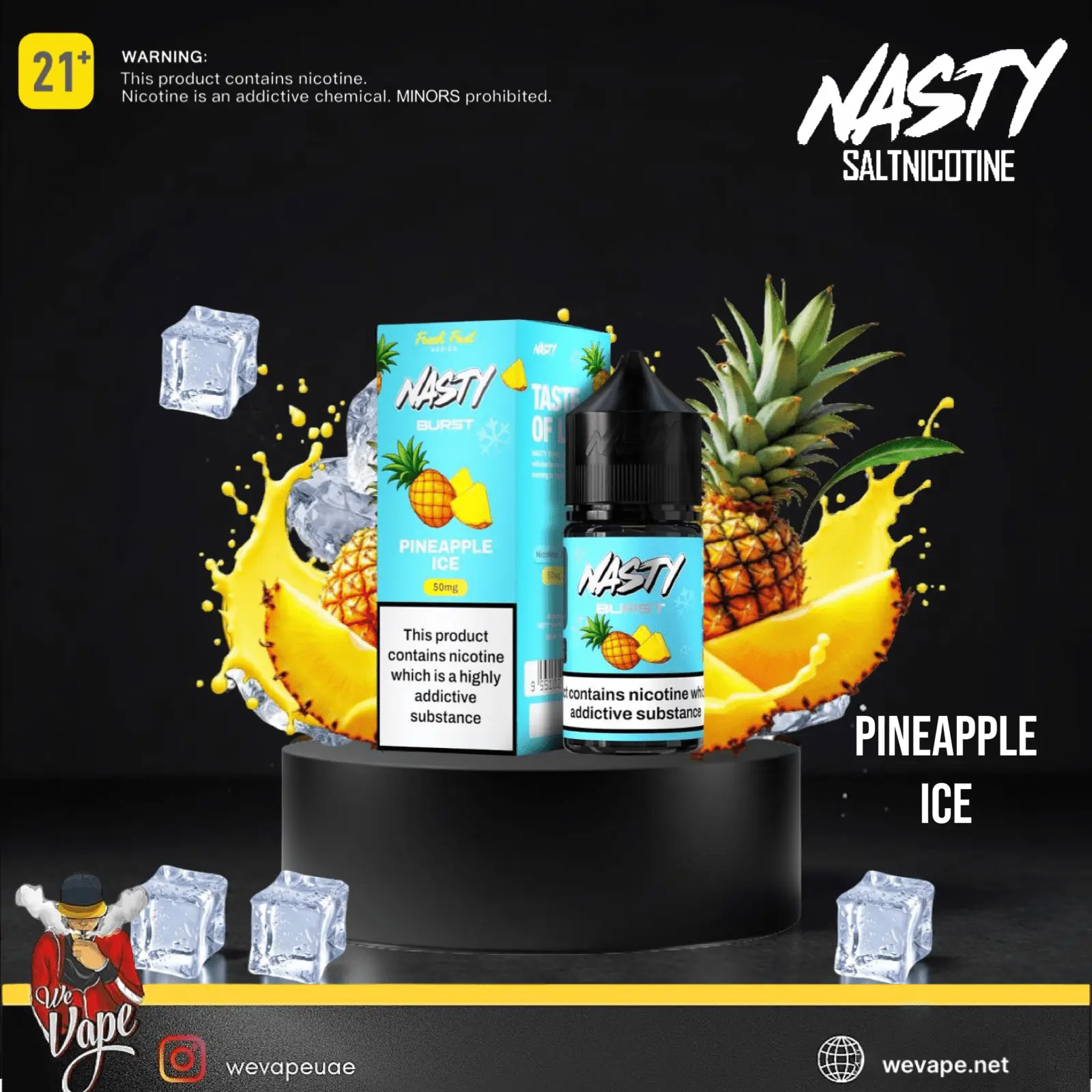 Nasty Pineapple Ice vape product with packaging and pineapple graphics on a black background.