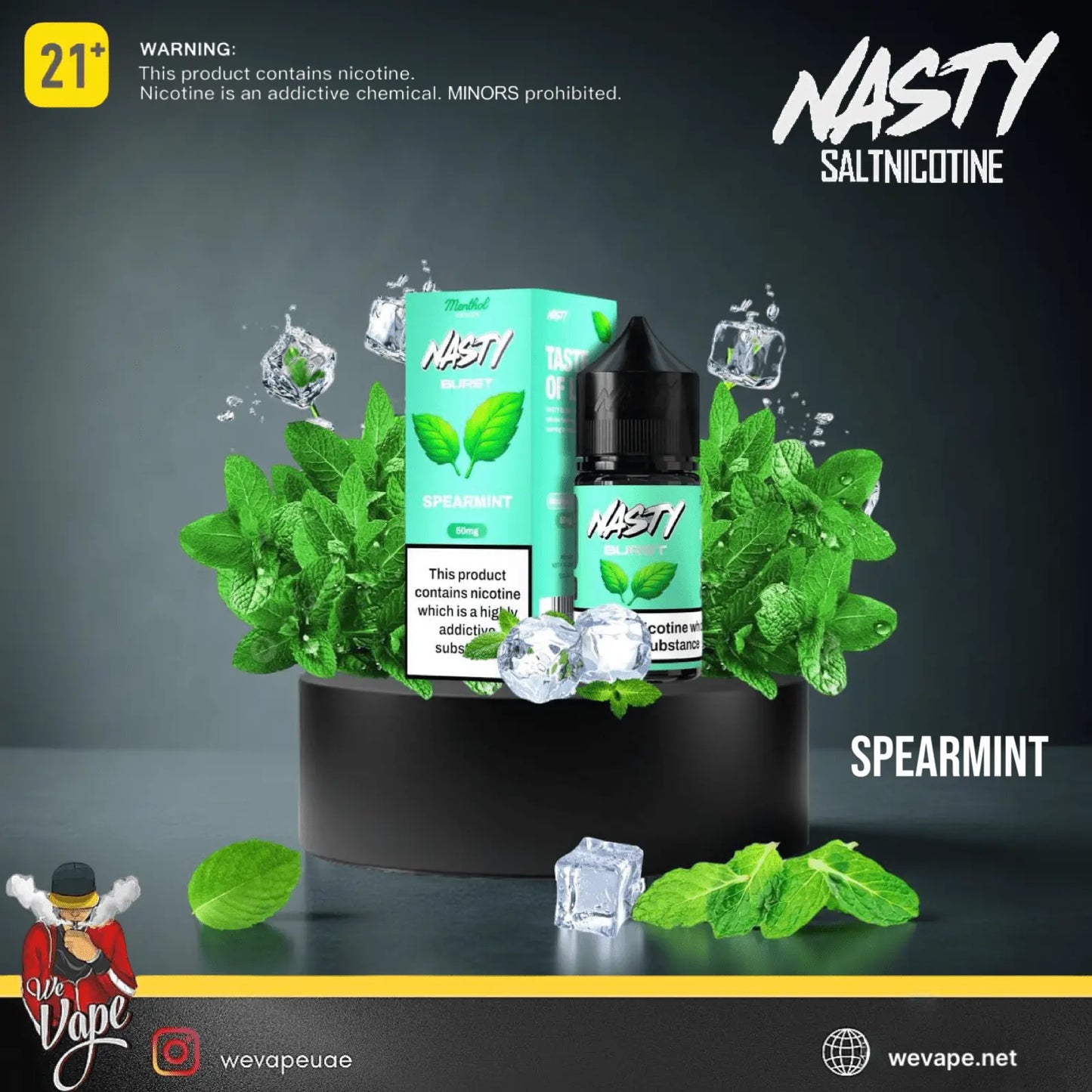 Nasty Saltnicotine Spearmint vape product with packaging and mint leaves on a dark background