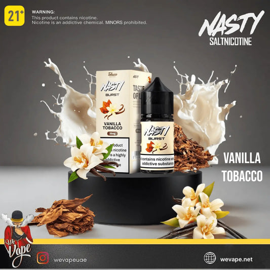 Nasty Saltnicotine Vanilla Tobacco vape product with packaging and flowers on a dark background