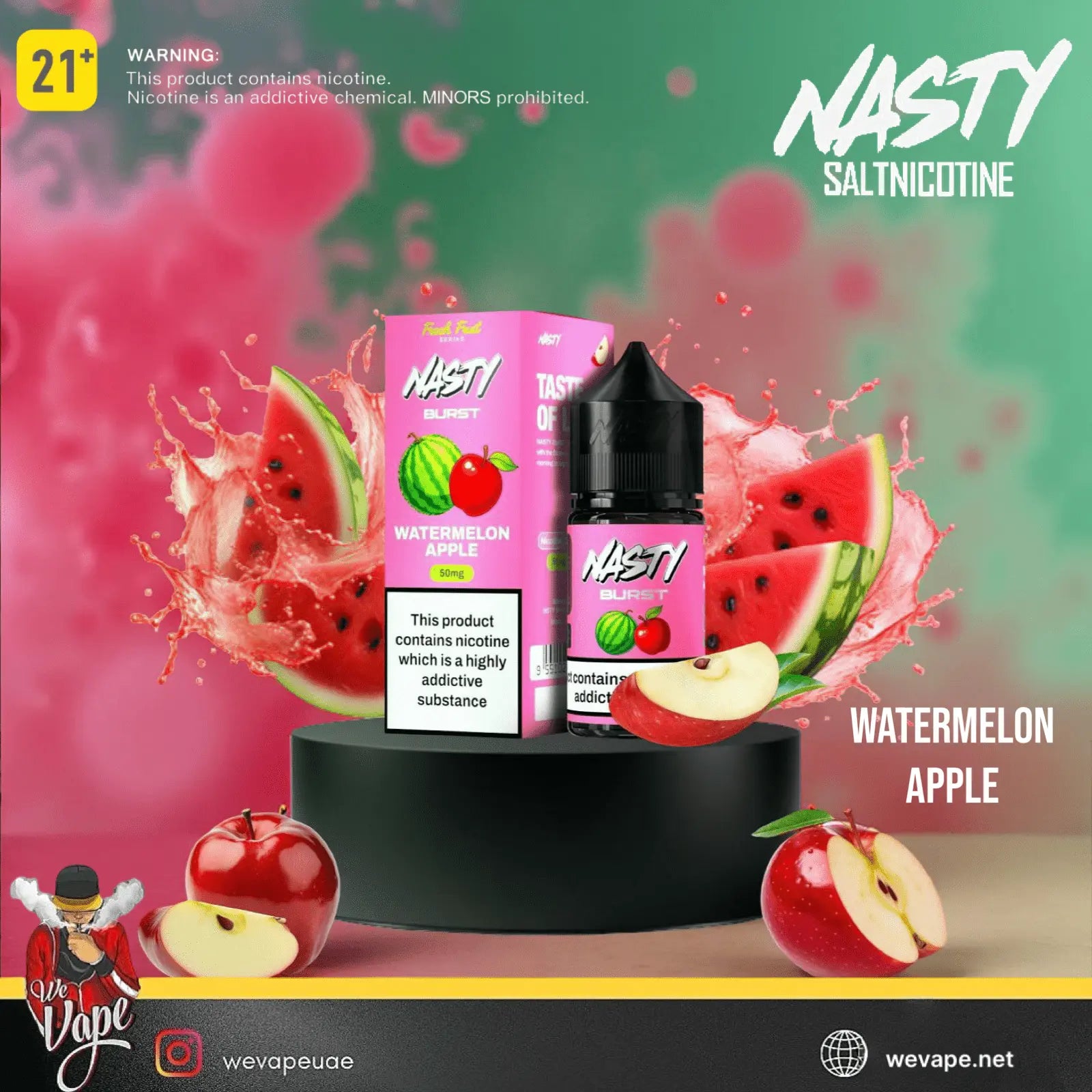 Nasty Salt nicotine Watermelon Apple vape product with packaging and fruit graphics on a colorful background.