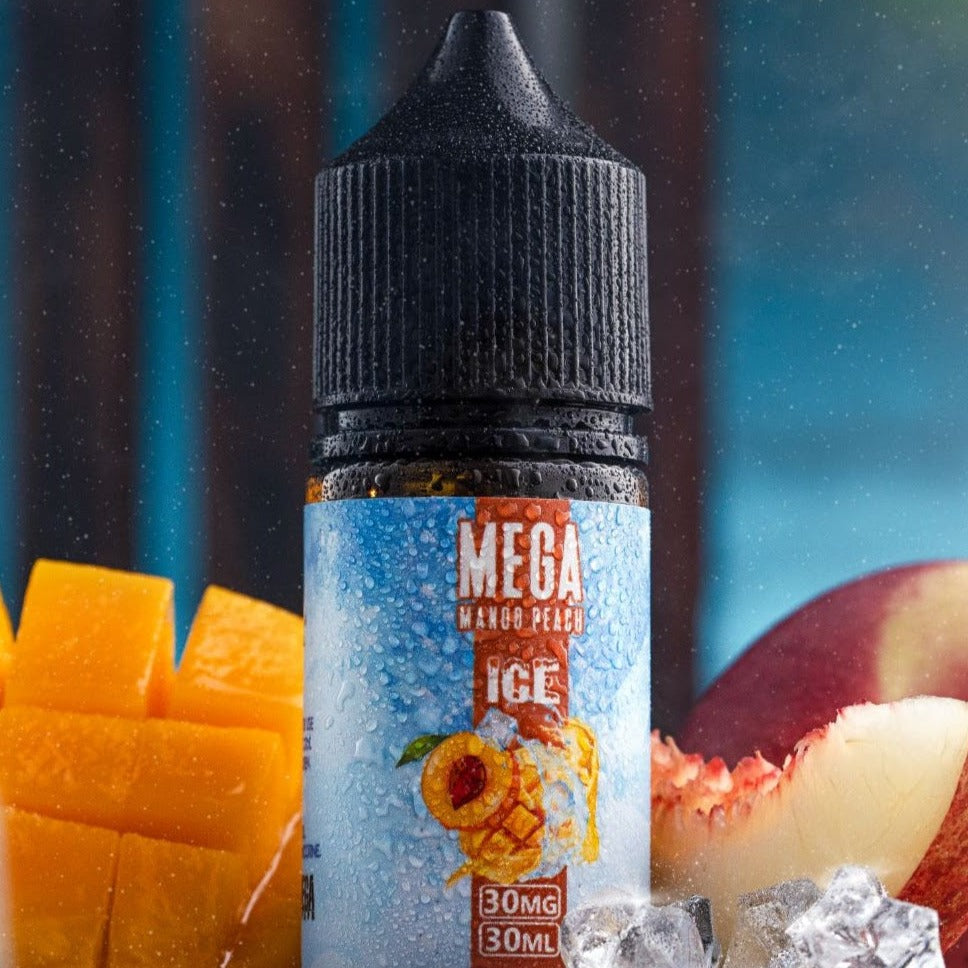 Mega Mango Peach Ice Saltnic by GRAND - A tropical delight with a cool twist.