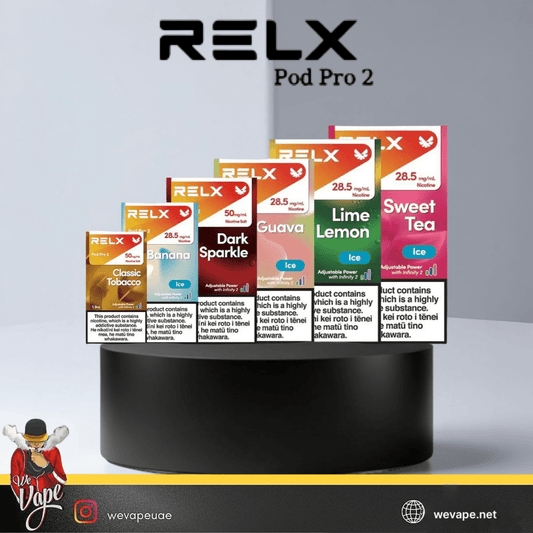 RELX Replacement Pods – Pod Pro & Classic Compatible Vape Cartridges (2ml / Pack of 1) variety of flavors in gray background