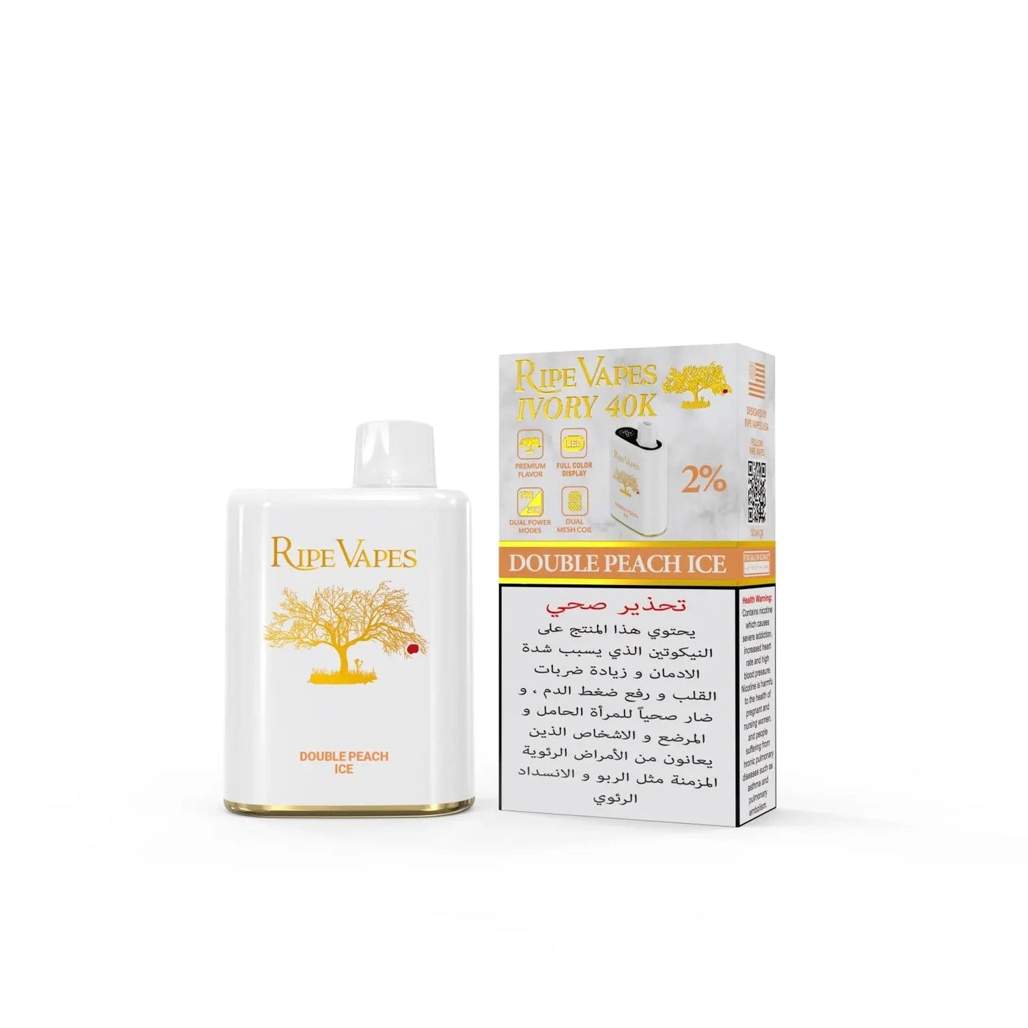 Ripe Vapes Double Peach Ice vape juice bottle and packaging on a white background. Order Now