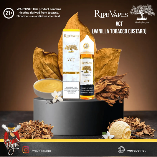 Ripe Vapes VCT Vanilla Tobacco Custard vape product with tobacco leaves and vanilla beans on a dark background.