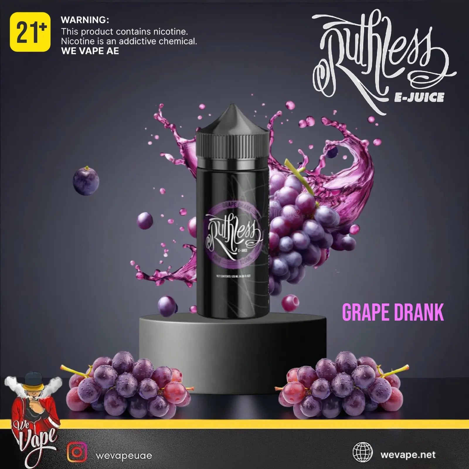 Ruthless Grape Drank e-juice bottle with grapes and brand logo on a dark .background. Order Now and get FREE DELIVERY