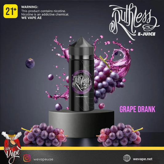 Ruthless Grape Drank e-juice bottle with grapes and brand logo on a dark .background. Order Now and get FREE DELIVERY