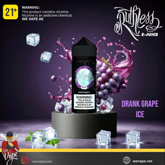 Ruthless E-Juice Drank Grape Ice bottle with grape and ice cube graphics on a dark background. Order Now and get FREE DELIVERY.
