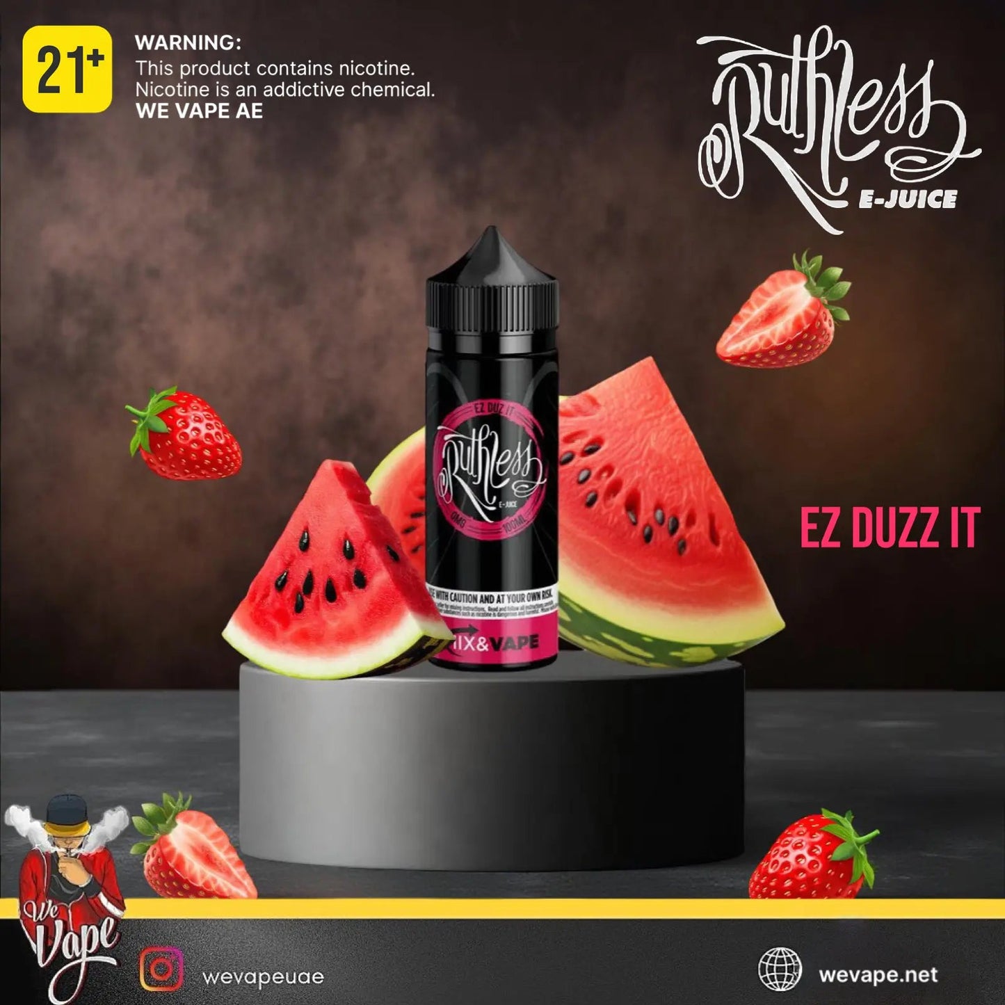 Ruthless e-juice bottle with watermelon and strawberry elements on a dark background. Order Now and get FREE DELIVERY.
