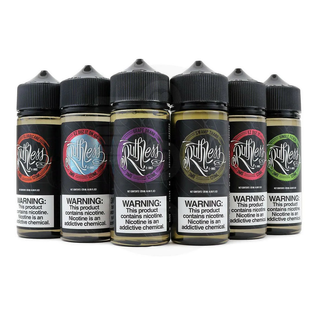 Ruthless E-Liquid 120mL bottle in Dubai with various flavors and nicotine strengths.