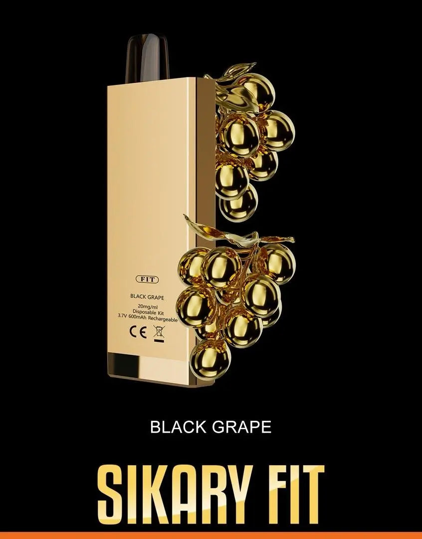 Sikary Fit black grape vape device with gold accents on a black background. ORDER NOW