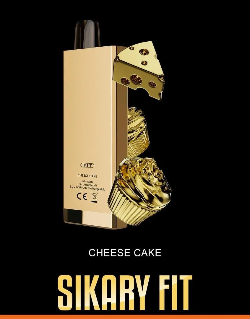 Sikary Fit cheese cake-flavored vape device with gold accents on a black background. ORDER NOW