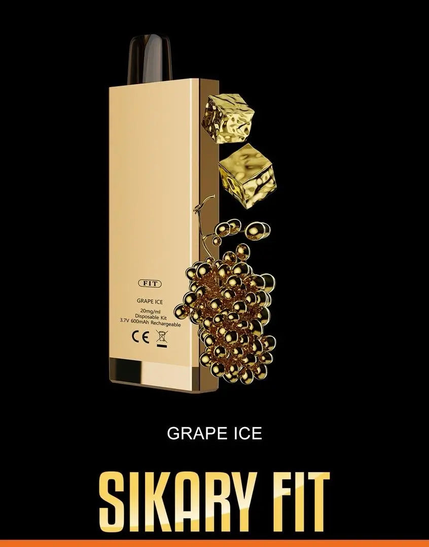 Sikary Fit grape ice vape device with gold accents on a black background. ORDER NOW