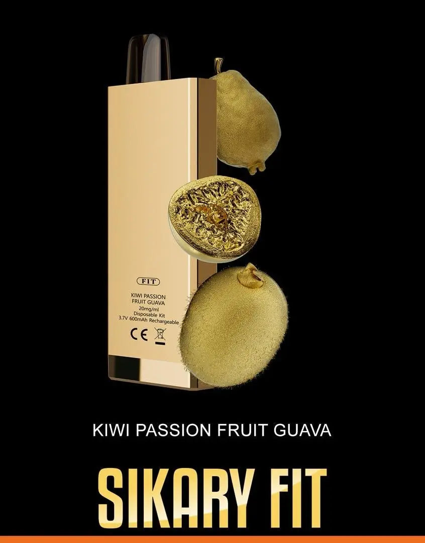 Sikary Fit vape device with kiwi passion fruit guava flavor on a black background. ORDER NOW