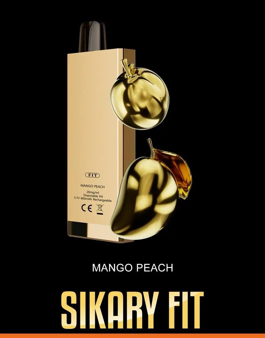 Sikary Fit Mango Peach vape device with gold accents on a black background. ORDER NOW