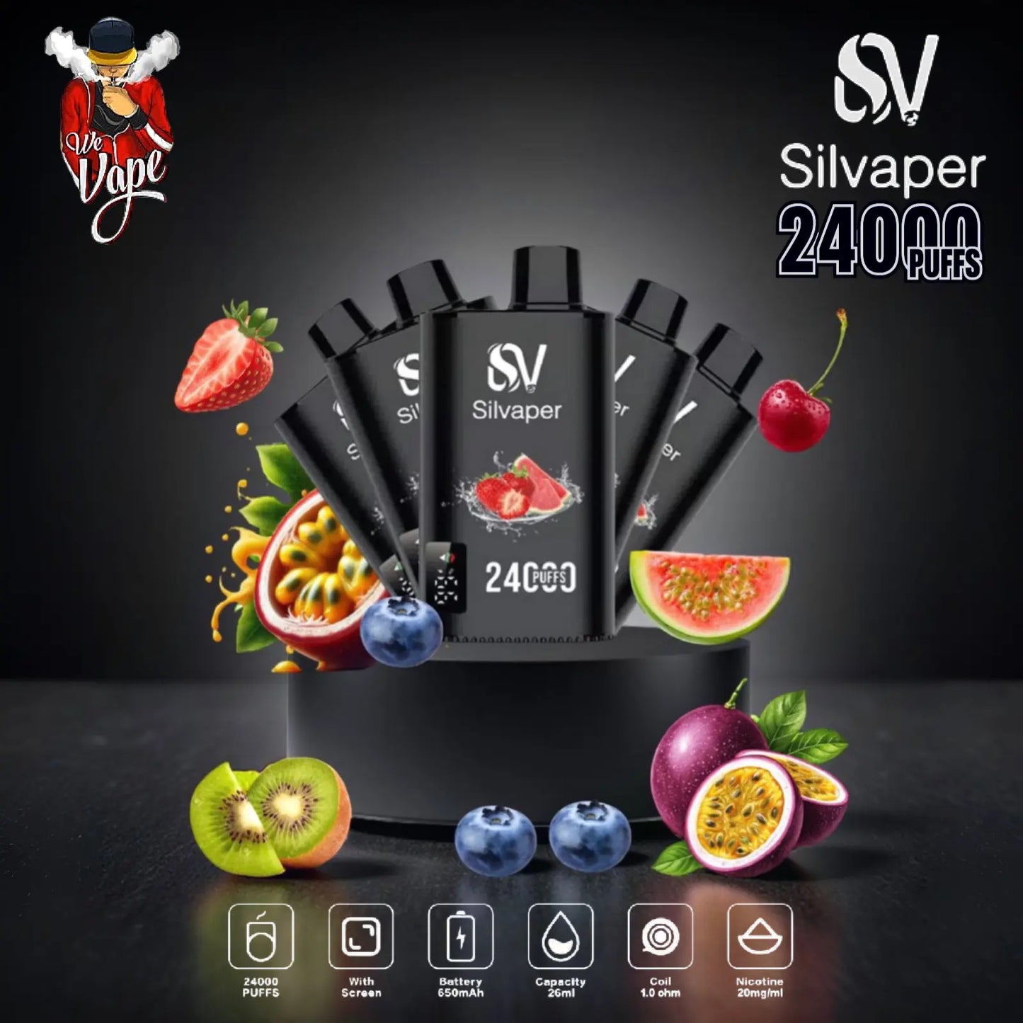 Silvaper vape device with fruit graphics and branding on a dark background
