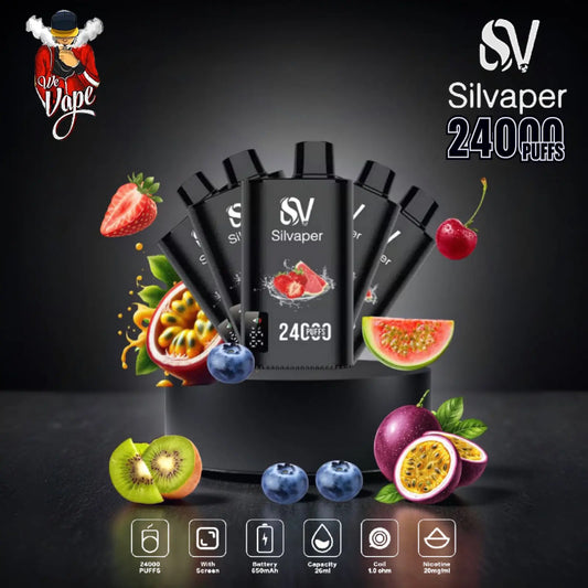 Silvaper vape device with fruit graphics and branding on a dark background