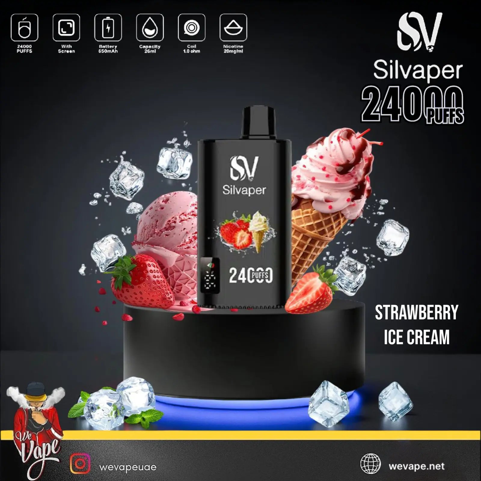 Silvaper vape device with strawberry ice cream theme on a dark background